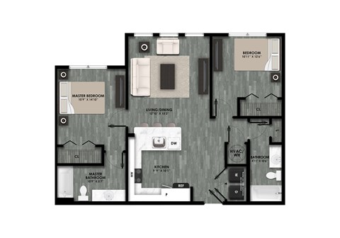 Floor plan for 2 beds, 2 baths, 925 sqft